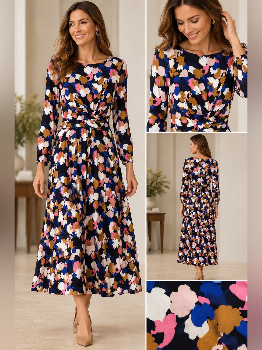 Boden Abstract Floral Twist Waist Jersey Midi Dress NWT Size 6R
